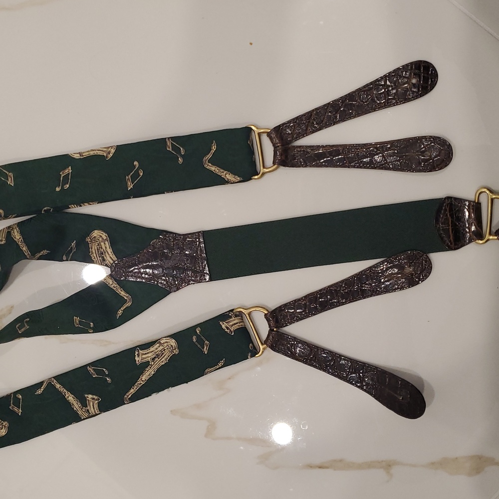 Vintage Polo Ralph Lauren Alligator Skin Leather Silk Brass Suspenders Braces